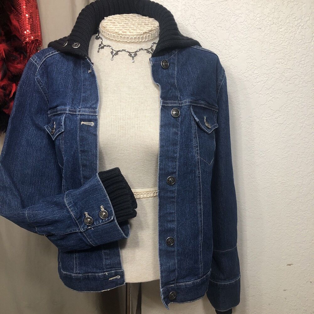 Vtg Gloria Vanderbilt Women’s Jacket Denim Jean Turtleneck Sweater Collar Med
